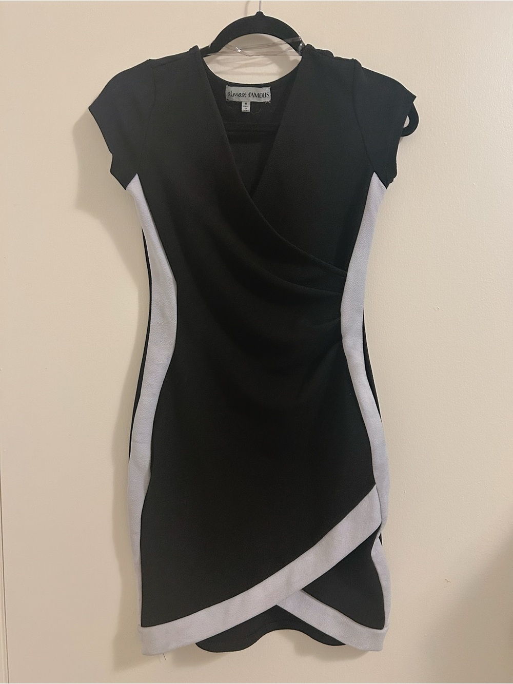 Almost Famous Black and White Cap-Sleeve Faux-Wrap Mini Dress